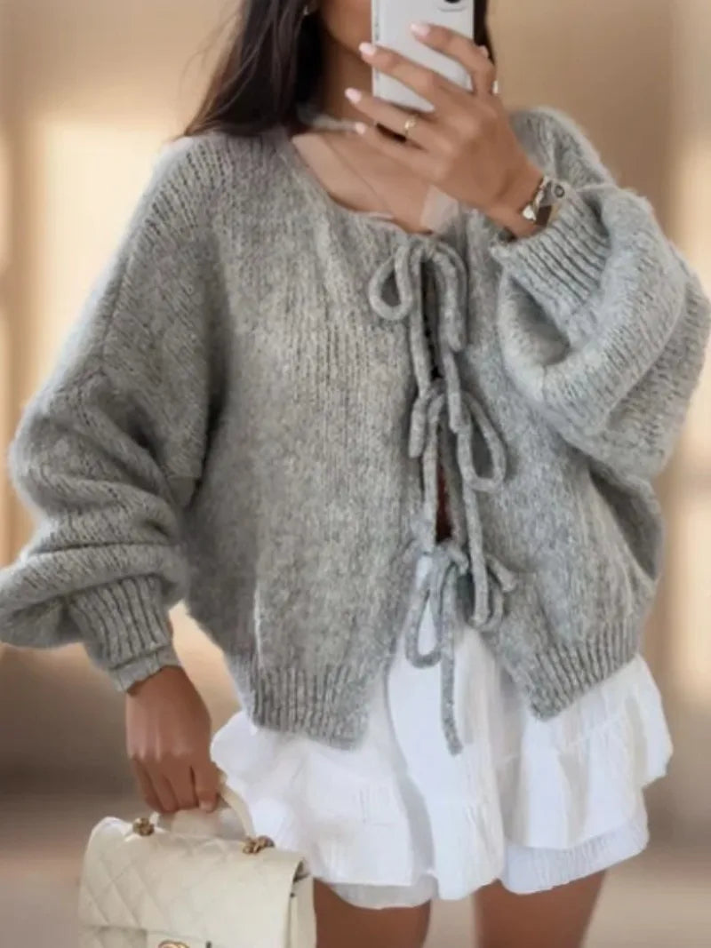 Street-Wave Cozy Knit Cardigan With Tie Front Bow Details For Women Everyday Comfort And Soft Pastel Warmth
