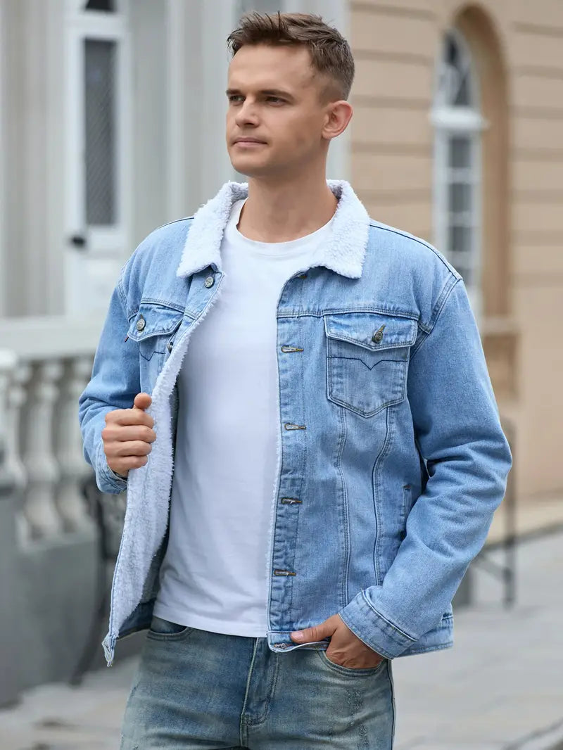 Street-wave Denim Jacket For Men With Faux Shearling Collar Timeless Casual Outerwear
