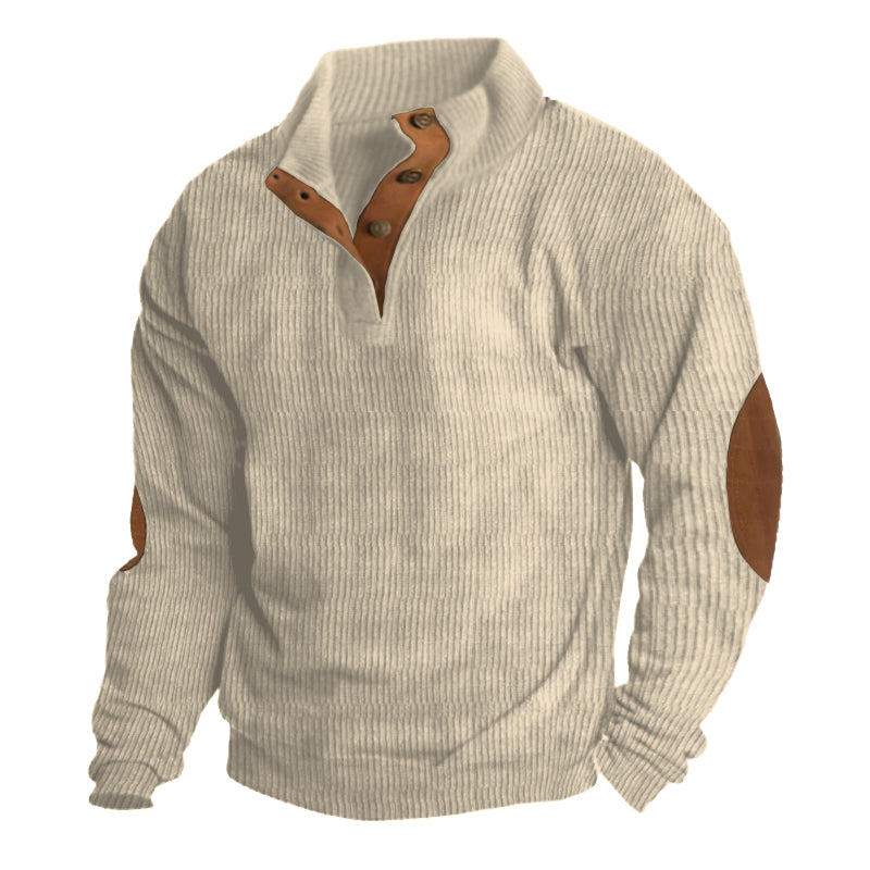 Street-wave Men's Ribbed Knit Pullover With Button Henley Collar And Elbow Patches