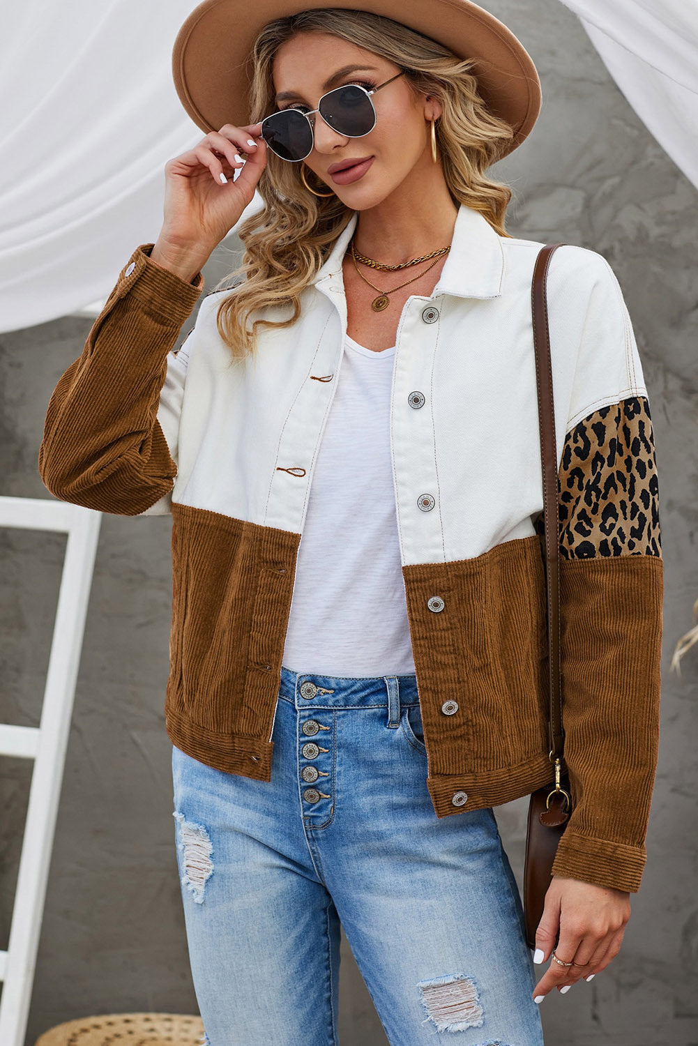 Street-Wave Leopard Colorblock Corduroy Cotton Jacket For Women Button Closure Casual Streetwear