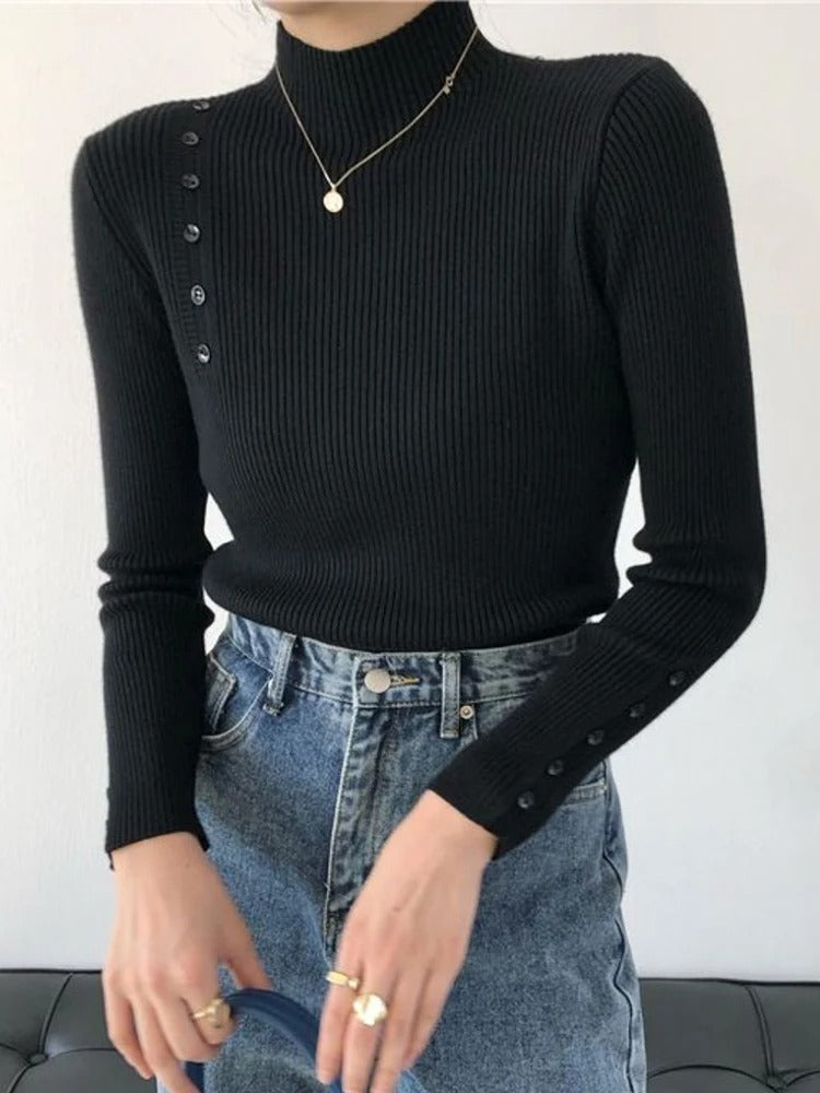 Streetwave Elegant Buttoned Stand Collar Knit Pullover for Fashion Forward Women Made With Premium Materials