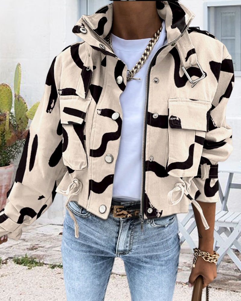 Street Wave Zipper Jacket With Abstract Print For Urban Fashion Lovers Warm For Fall Winter