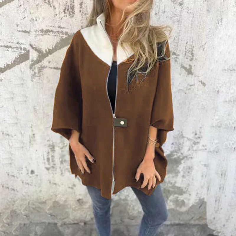 Street Wave Bicolor Long Coat for Elegant Layering Women Two Tone Jacket with High Collar and Zip Front