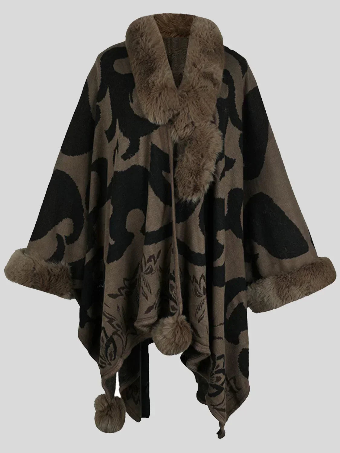 Street-Wave Printed Poncho With Plush Fur Trim For Women Cozy Warm Winter Wrap Everyday Elegance