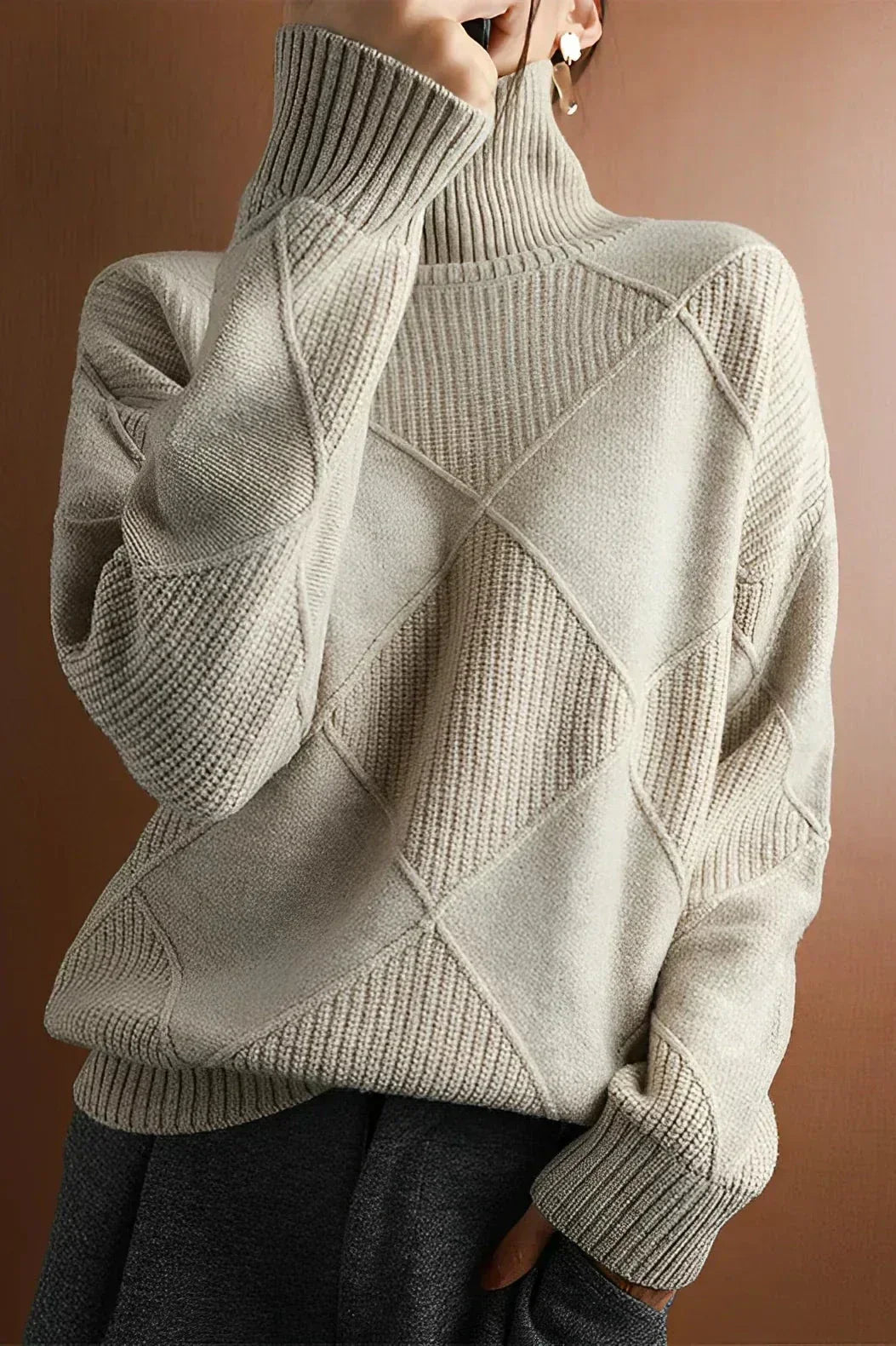 Streetwave Diamond Knit Rollneck Pullover For Women Cozy Warmth And Textured Pattern