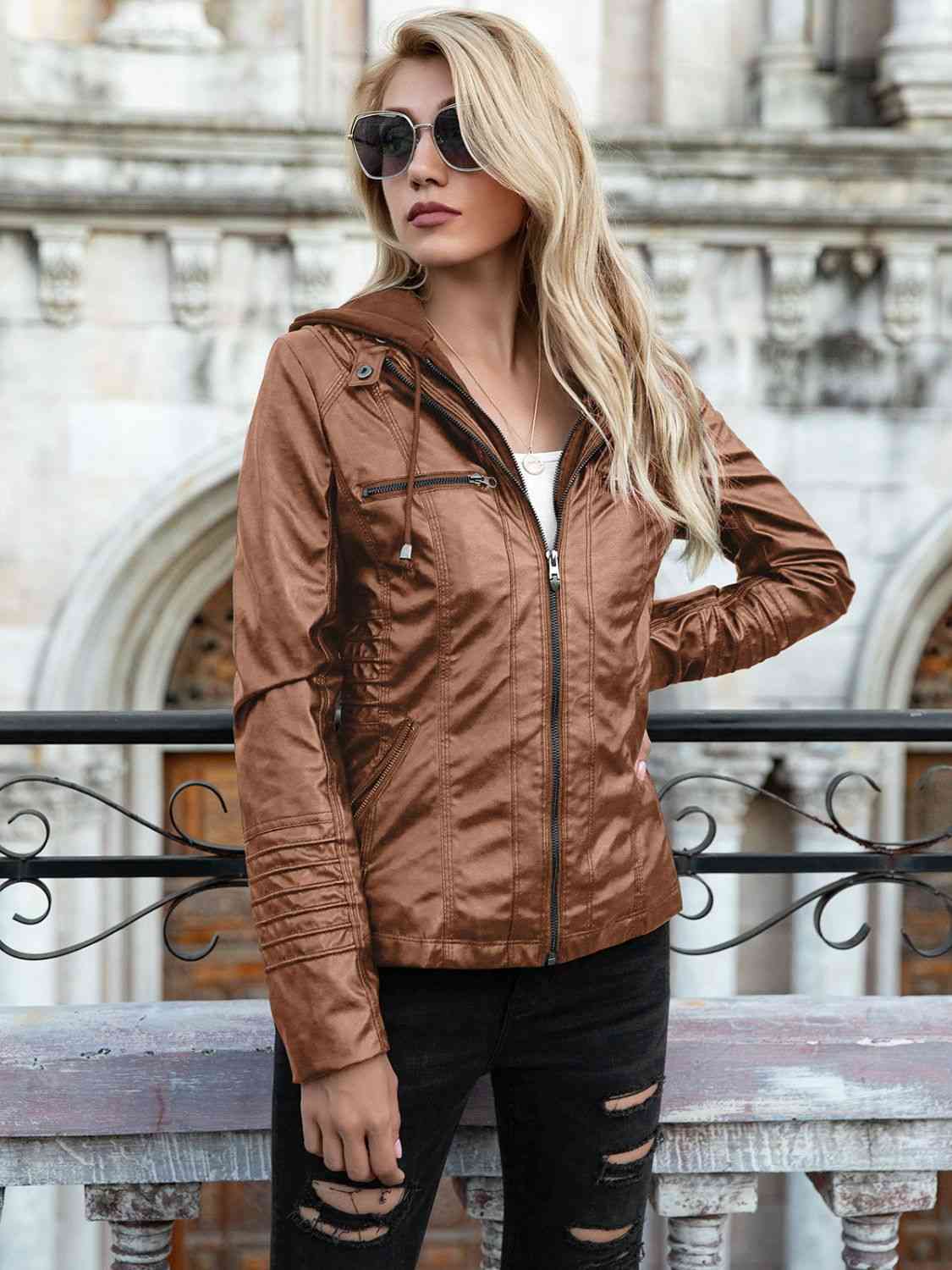 Street-wave PU Zip Up Hoodie Jacket With Hood For Urban Streetwear Fans And All Weather Style