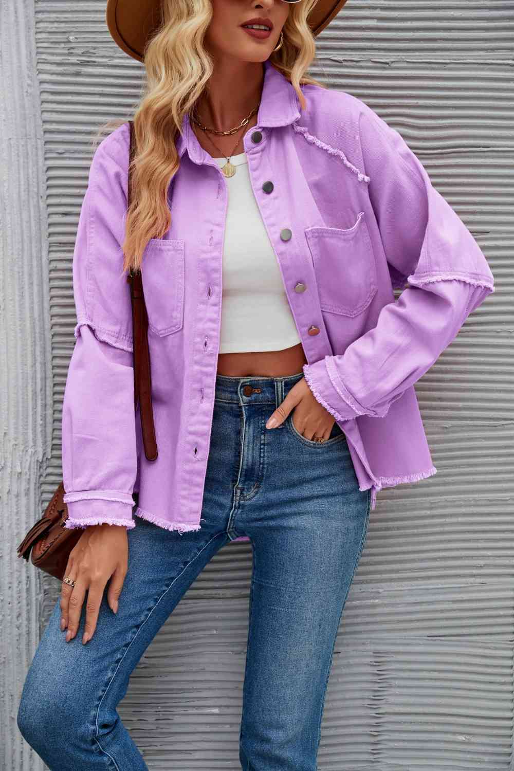 Street Wave Raw Hem Denim Jacket For Women With Collar And Button Front Unfinished Hem Cotton Blend