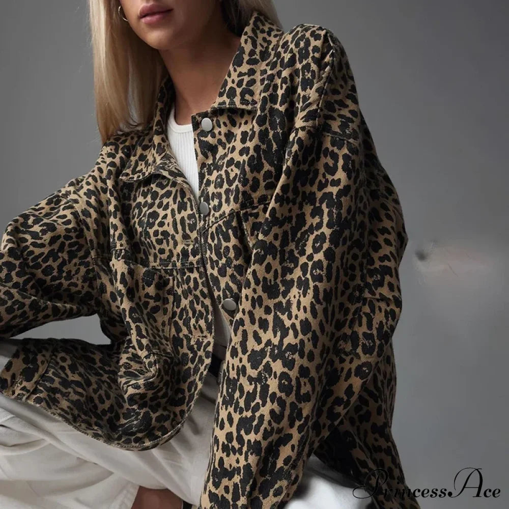 Leopard Print Jeans Jacket Embroidery Streetwave Effortless Style For Women Comfort Fit