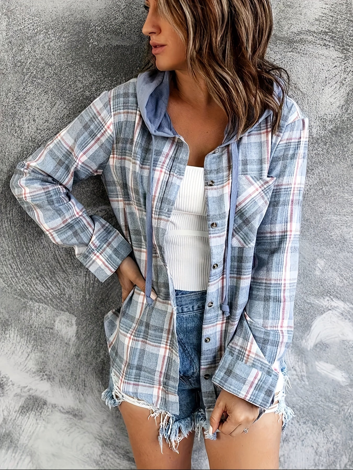 Streetwave Plaid Hooded Jacket For Women Cotton Polyester Blend Comfort Casual Outerwear