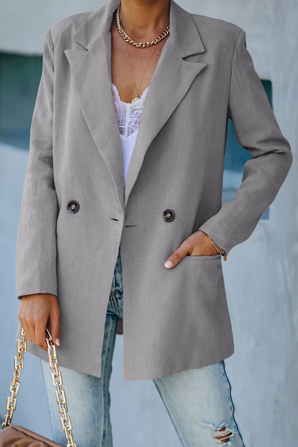 Street-Wave Double-Breasted Blazer With Padded Shoulders And Pockets For Women Chic Everyday Style