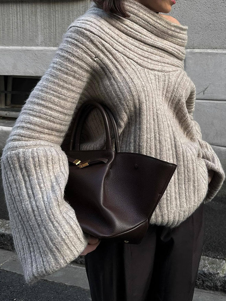 Street-Wave Ribbed Knit Wool Pullover For Women Soft Timeless Elegant Warm Cozy Sweater