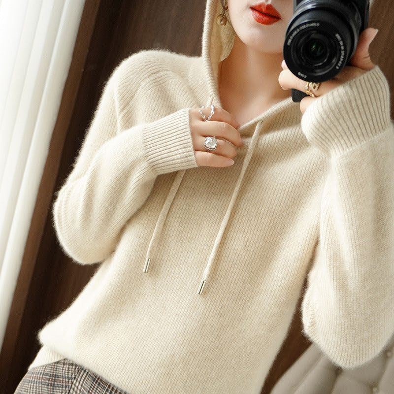 Street-wave Hooded Knit Pullover For Women - Cozy Soft Knit, Relaxed Fit, Timeless Chic