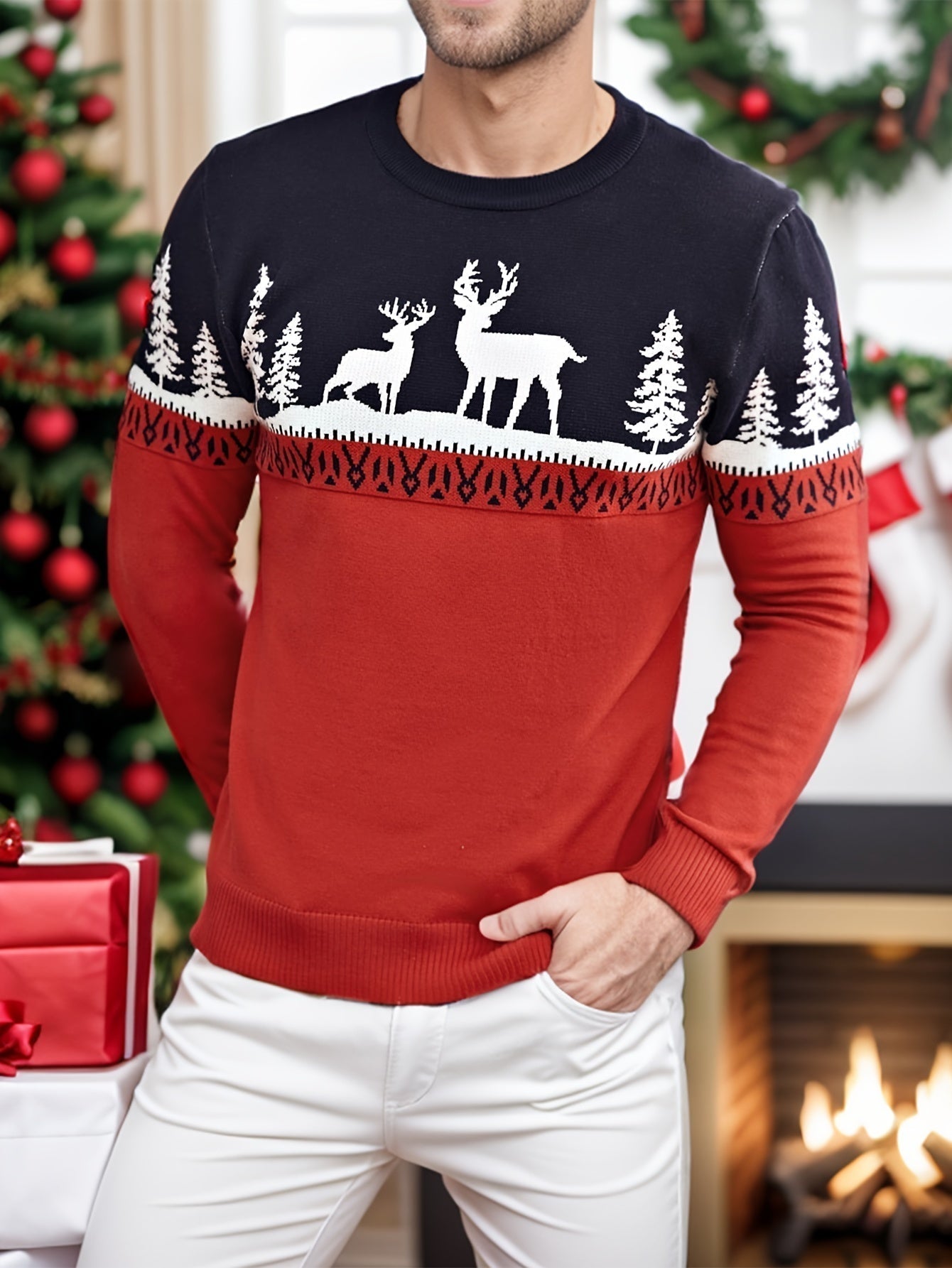 Street-wave Christmas Knit Cardigan With Reindeer Motif Cotton Cozy Comfort Festive Sweater For Men
