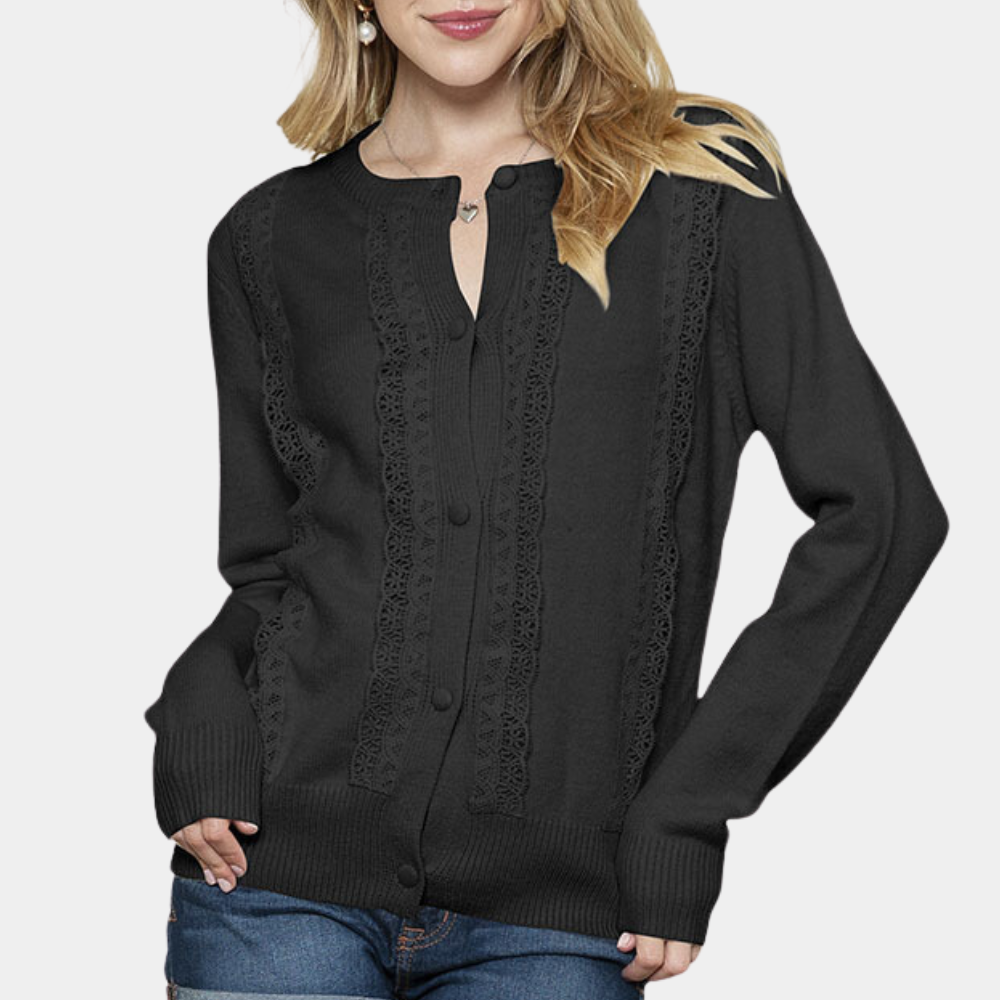 Street-wave Knit Cardigan With Lace Trim And Button Front For Women Lightweight Elegant Comfort