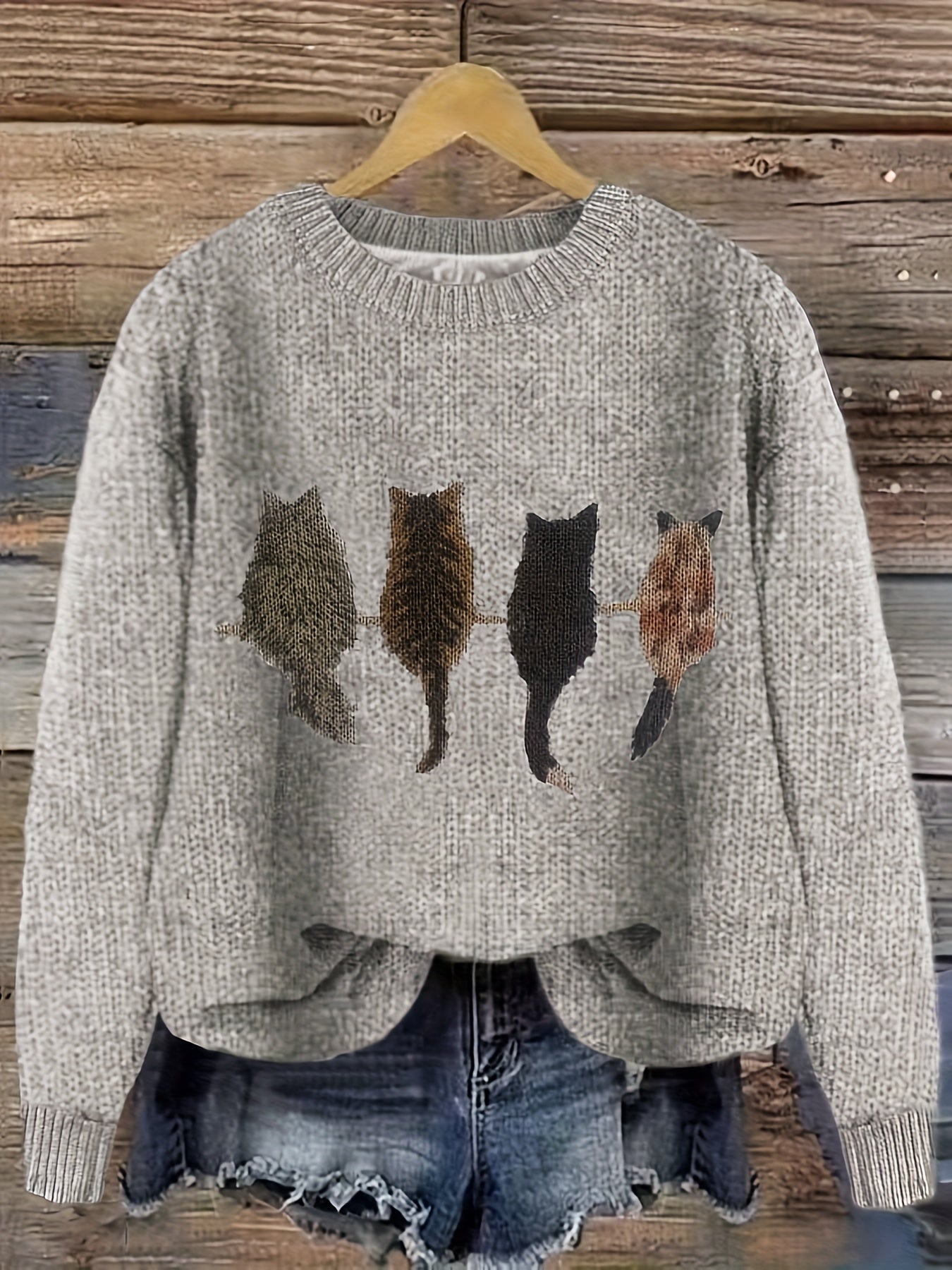 Street-wave Knit Pullover Cozy Acrylic Blend Cat Design for Women Cat Lovers Stylish Comfort