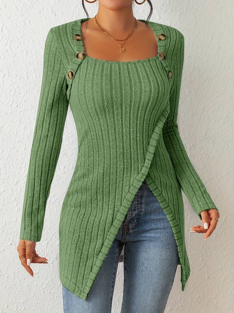 Street-Wave Square Neck Ribbed Knit Sweater With Side Slits For Women Cozy Chic Essential