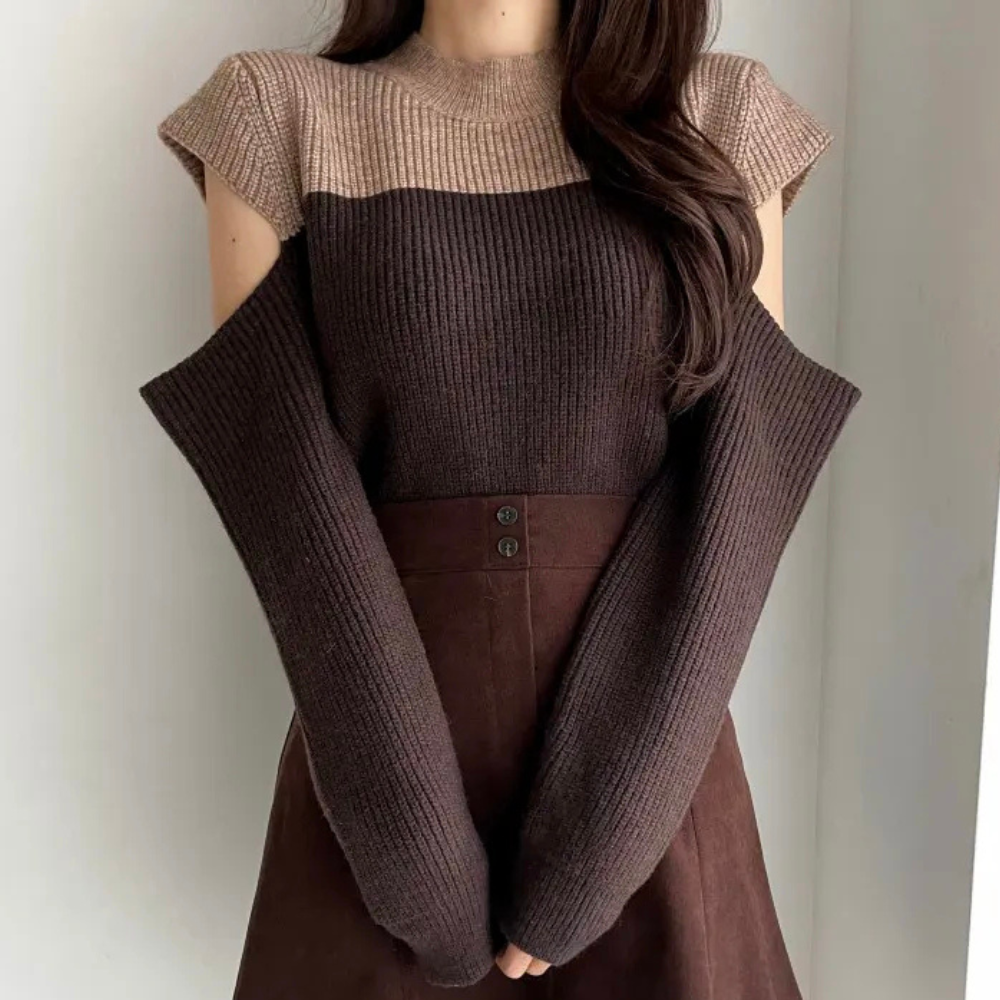 Streetwave Women's Knit Pullover With Cutout Sleeves Two Tone Color Block Cozy Chic