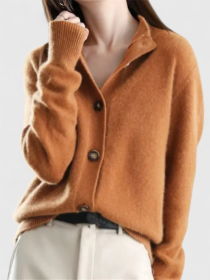 Street-wave Cozy Timeless Knit Cardigan With Button Placket For Women Soft Breathable Knit Wooden Buttons