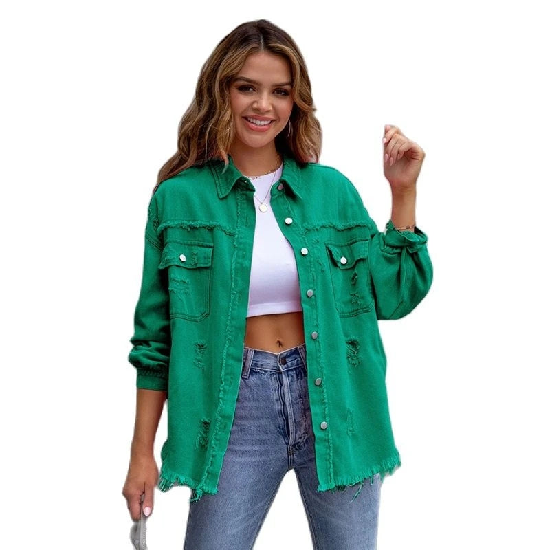 Street-Wave Pink Distressed Denim Jacket For Women Chic Versatile Streetwear Essential