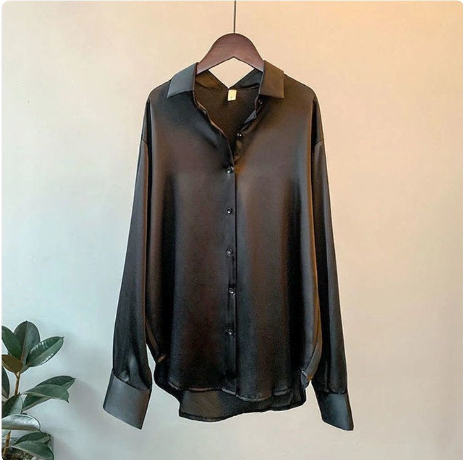 Street-Wave Satin Oversized Blouse With Button Closure For Plus Size Women - Elegant Relaxed Fit Top