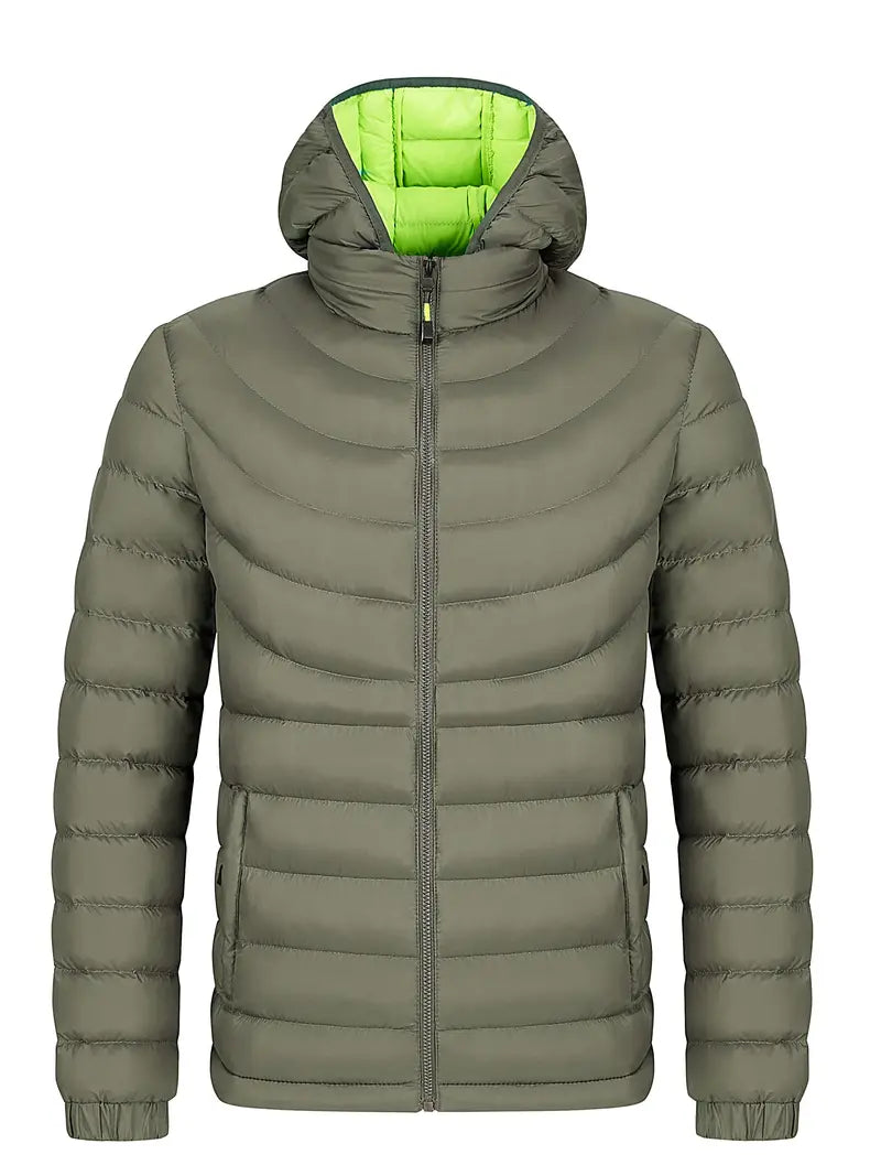 Street Wave Hooded Puffer Jacket For Men Warm Insulated Winter Coat With High Collar