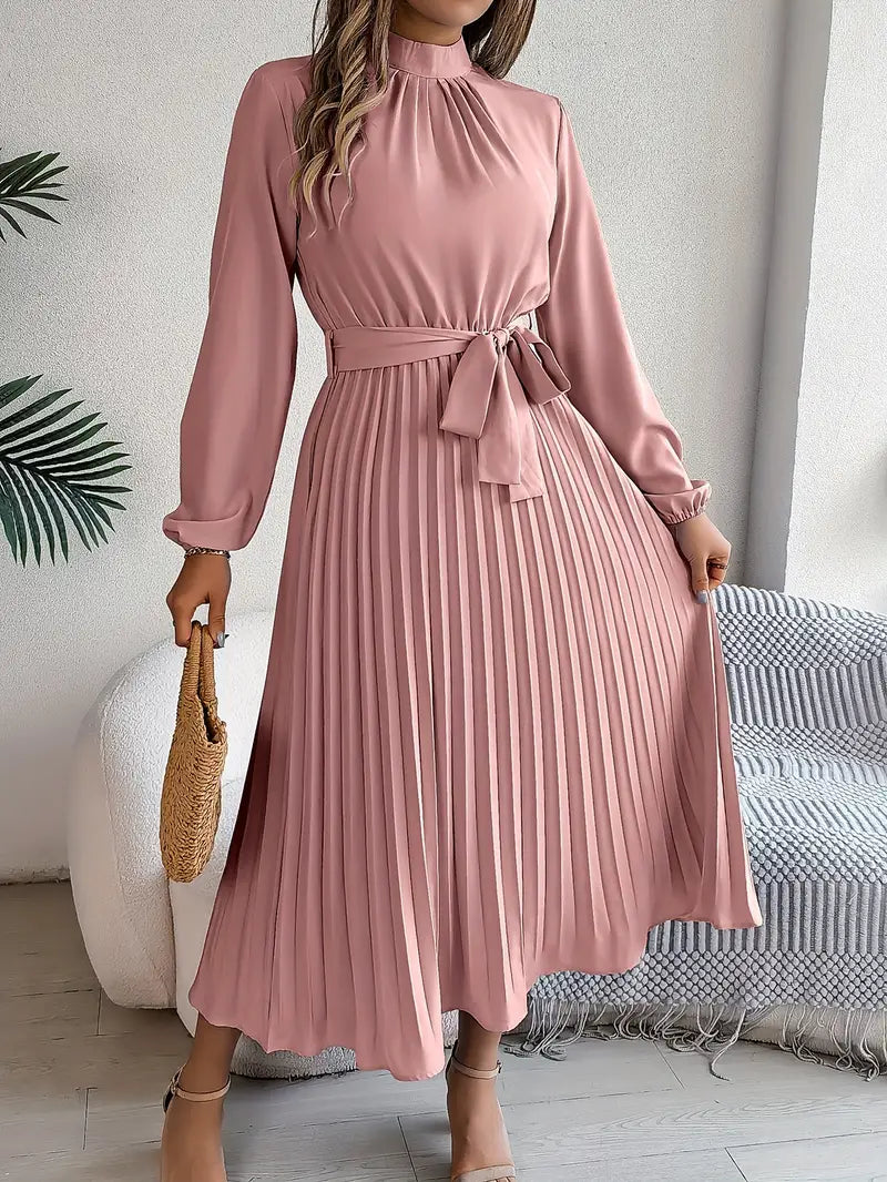 Street-wave Timeless Elegant Pleated Belt Maxi Dress With Stand Collar For Women