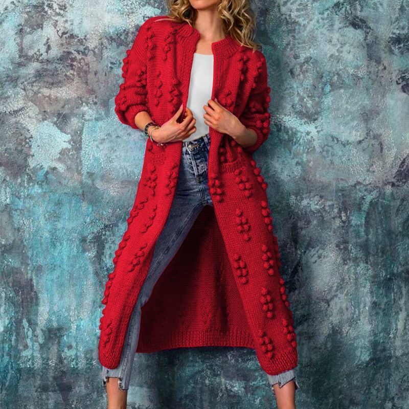 Street-wave Women's Long Knit Coat With Textured Bobble Detailing Cozy Chic Autumn Outerwear For Women