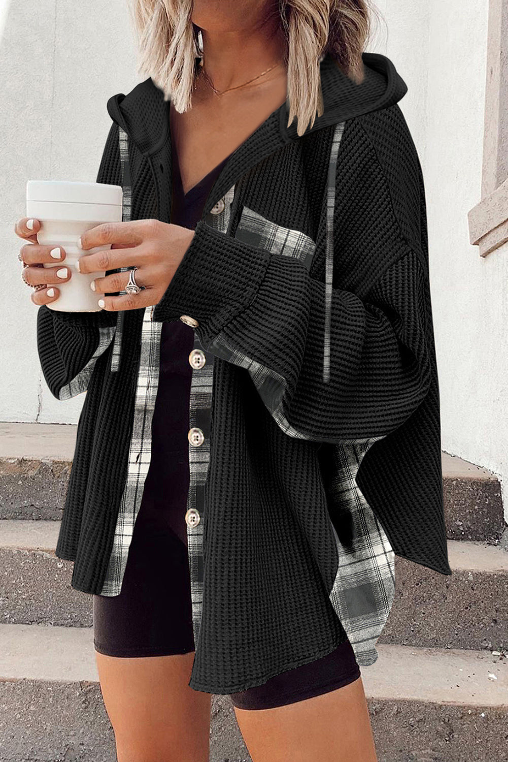 Street Wave Oversized Hooded Shirt Jacket With Rib Knit Texture And Plaid Panel For Casual Streetwear Fans