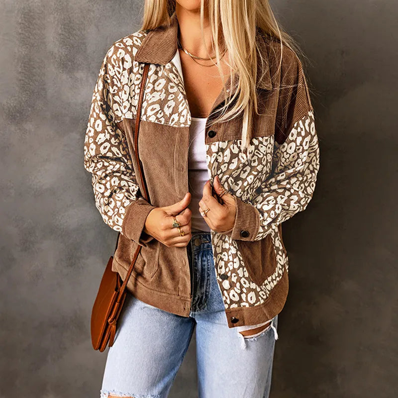 Street-Wave Leopard Print Corduroy Jacket For Women - Trendy Cozy Outerwear With Stylish Leopard Details