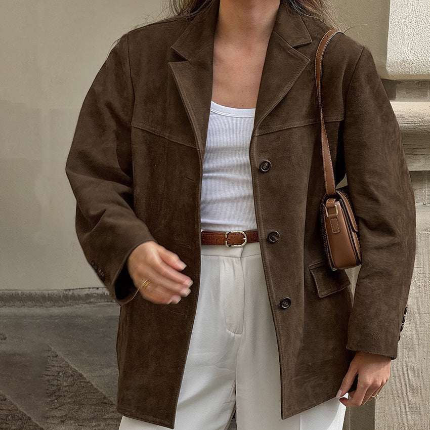Street-wave Suede Jacket For Women Luxurious Stretchy Autumn Coat In Dark Brown Style