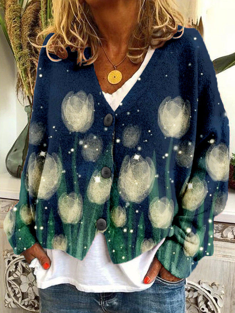Street-Wave Colorful Women's Cardigan Coat Bold Floral PaintSplash Outerwear Warm Cozy