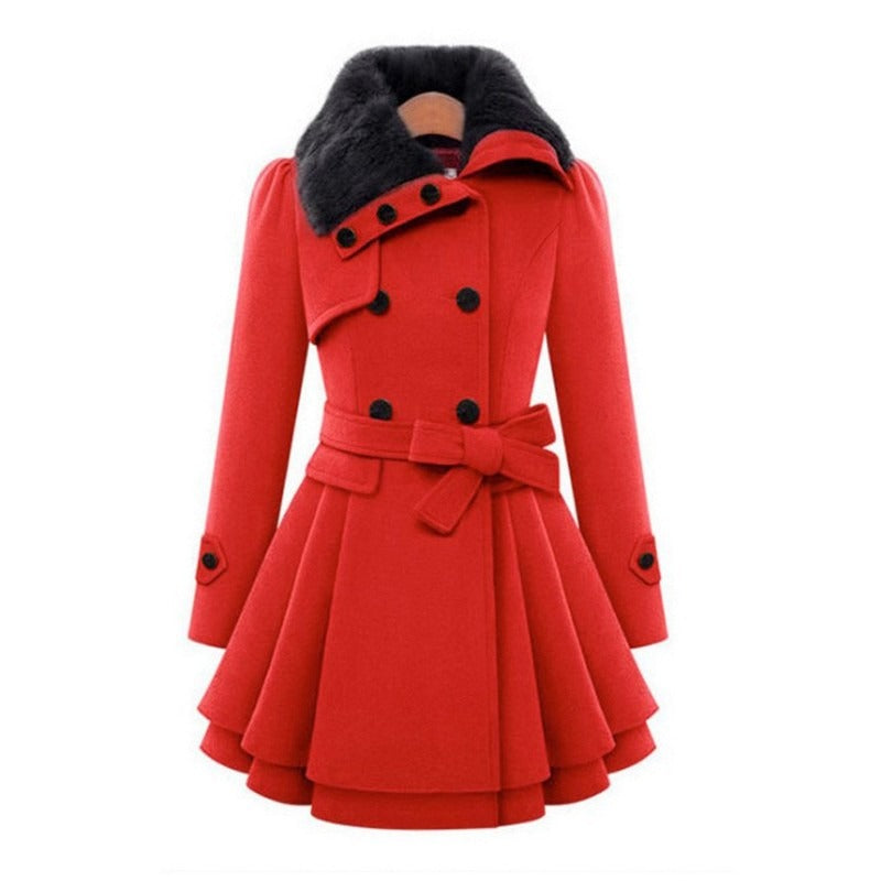 Street-Wave Coat For Women With Fur Collar Belted Waist And Flared Skirt Winter Chic Comfort