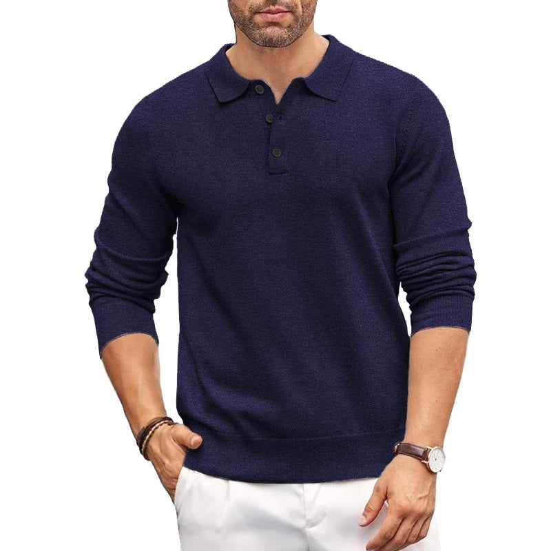 Street-Wave Mens Polo Collar Knit Sweater Slim Fit Soft Elastic Fabric For Layering Casual Style