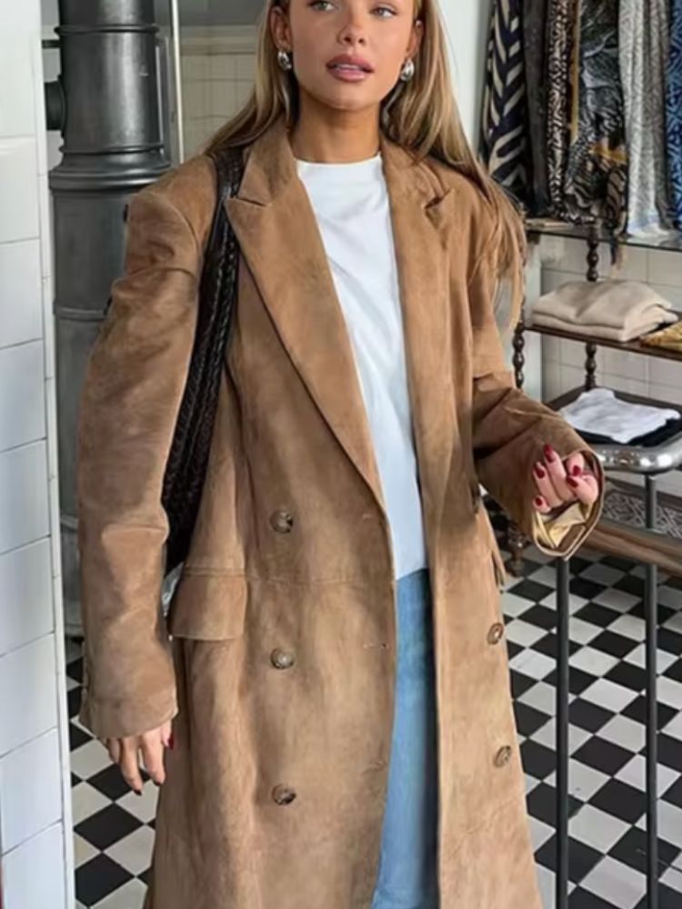 Street-wave Long Faux Suede Coat For Women With Timeless Elegance And Urban Chic