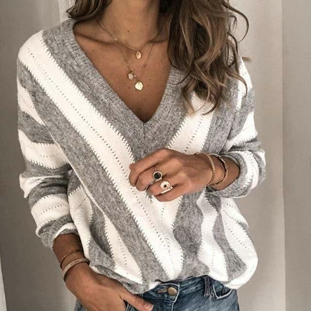 Street-wave Women V-Neck Striped Pullover Sweater Cozy Diagonal Knit for Fall Versatile Relaxed Fit
