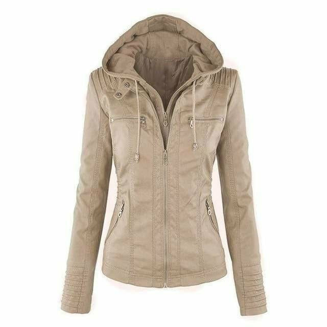 Street Wave Faux Leather Hooded Jacket For Women With Zip Front And Micro Elastic Fit Urban Streetwear