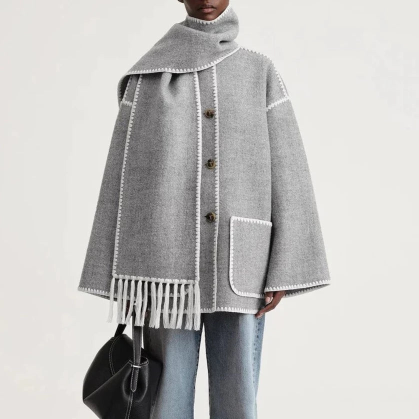 Street-Wave Wool Coat Women Oversized Fit Shawl Collar Fringe Detailing Button Closure Chic