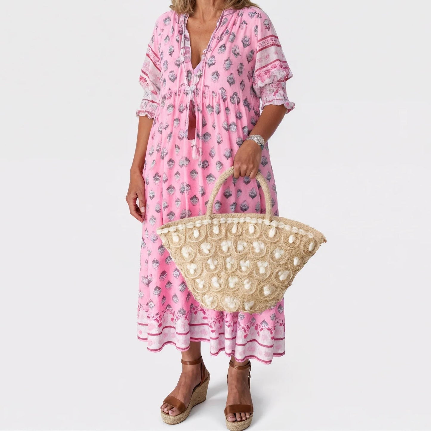Street-Wave Womens Midi Summer Floral Dress V Neck - Flowy Breathable Silhouette For Warm Weather Comfort