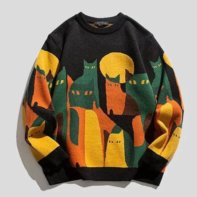 Nordisk Flair Relaxed Fit Cat Print Wool Blend Pullover For Women