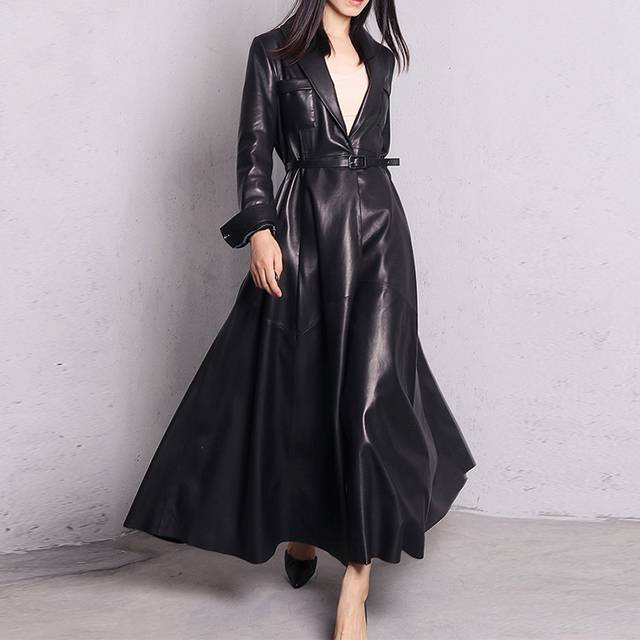 Streetwave Women's Faux Leather Maxi Coat Belted With Shawl Collar Double Layer For Elegant PU Leather Coat