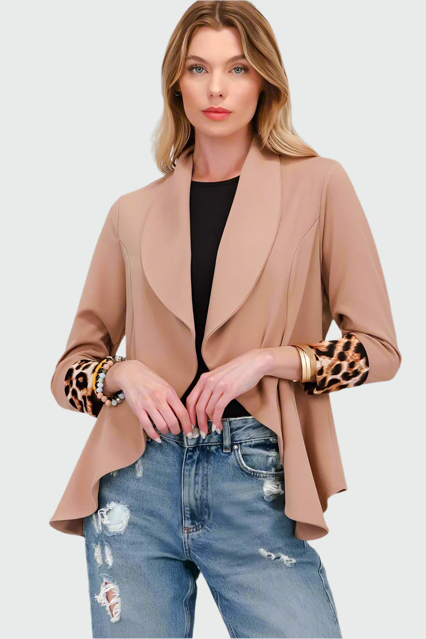 Street-Wave Leopard Print Blazer With Leopard Cuff Sleeves Flowy Open Front For Women Casual Chic