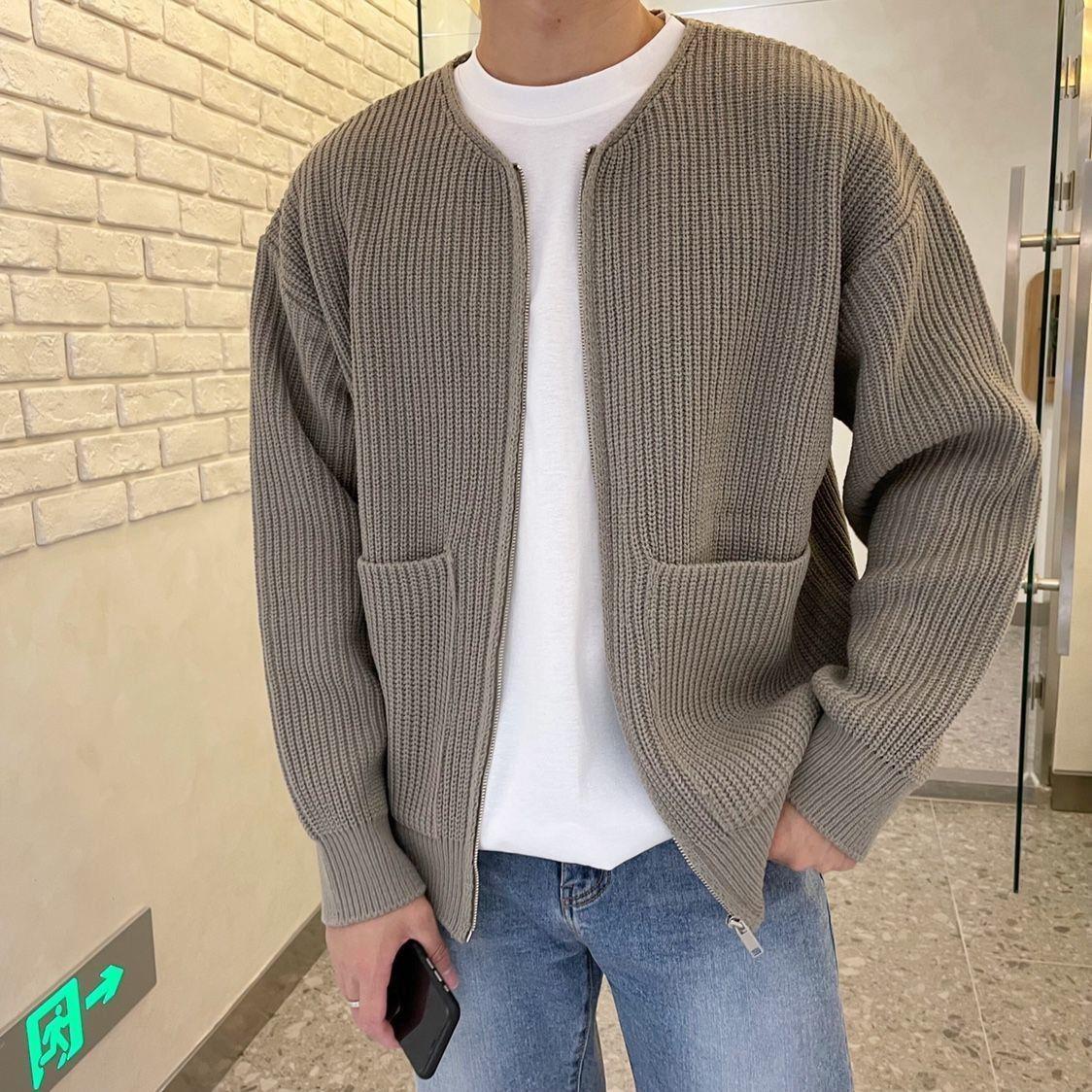 Street-wave Mens Casual Cardigan Oversized Ribbed Knit for Modern Gentlemen Effortless Style