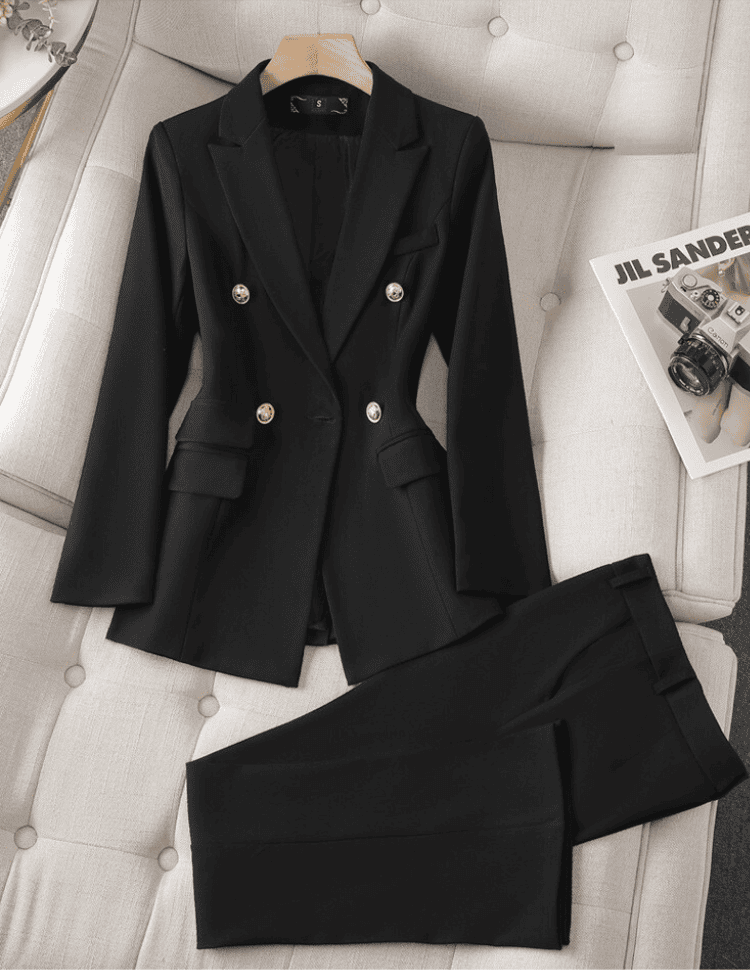 Street-wave Elegant Two-Piece Women's Suit With Double-Breasted Jacket And Matching Trousers, Chic Officewear
