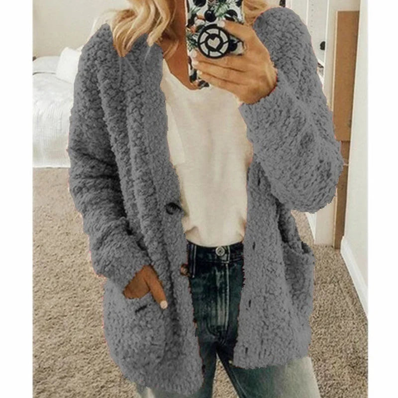 Street-wave Plush Cardigan Coat For Women - Ultra Cozy Warmth With Front Pockets