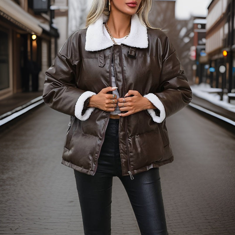 Street-wave Women's Puffer Jacket With Cozy Sherpa Collar Plush Lining Windproof Zip Closure