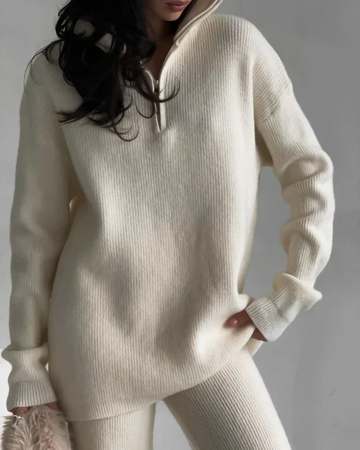 Street-wave Knit Two-Piece Zippered Sweater And High-Waisted Pants Set For Women Cozy Soft Everyday Loungewear