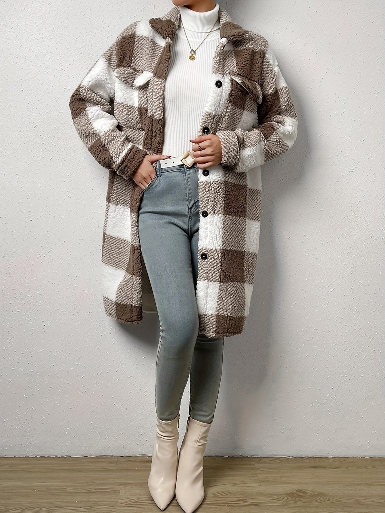 Street-wave Sherpa Jacket For Women Warm Plush Cozy Coat With Checkered Pattern Style