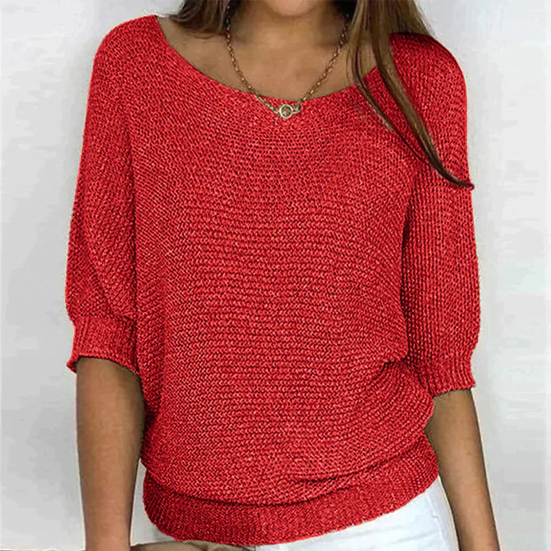 Street Wave Soft Knit Pullover For Everyday Wear Women Crew Neck Neutral Beige Cozy ThreeQuarterSleeve