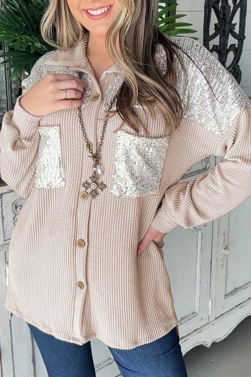 Street-wave Ribbed Blouse With Silver Sequins For Women - Elegant Festive Knit Shirt