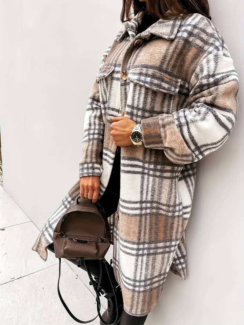 Street-Wave Plaid Wool Coat For Women Warm Longline Button Front Outerwear Chic Cozy